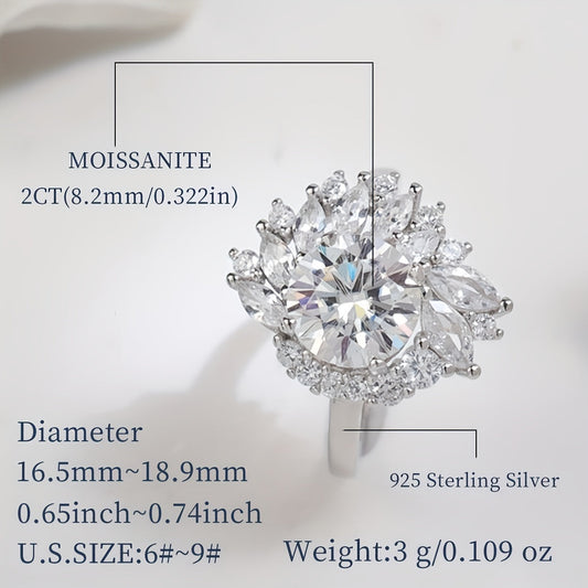 Luxurious Valentine's Day Wedding Engagement Gift - Beautiful and Hypoallergenic 925 Sterling Silver 2ct Edge Flower Ring for Her, Includes Moissanite Certificate and Elegant Gift Box