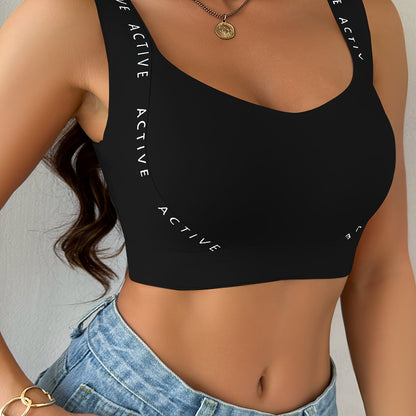 Stylish Wireless Tank Bra with Letter Print, Comfy Push Up Lingerie for Women