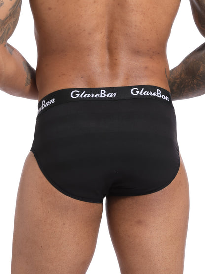 3 pack of men's underwear in dark gray, navy blue, and black with "GLAWNBAN" waistband, made of comfortable polyester blend. Stretchy, breathable, and supportive. Machine washable with