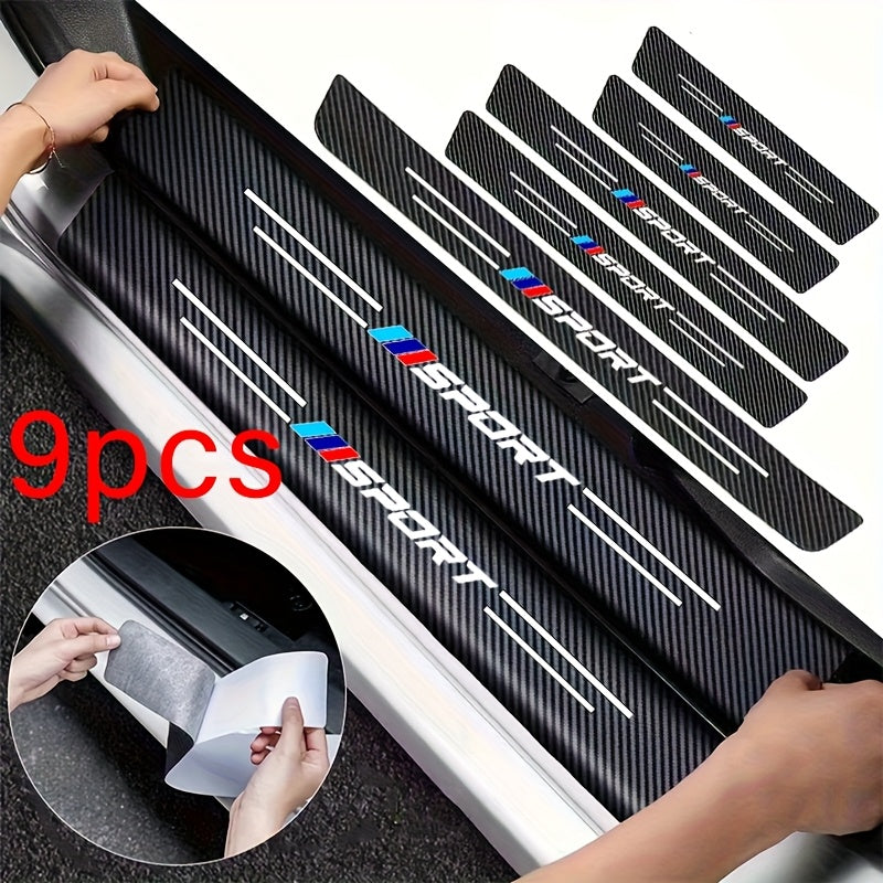 9-Pack Universal Car Door Sill Protectors, Durable PVC Anti-Scratch Pedal Stickers with Sporty Design, Easy Installation.