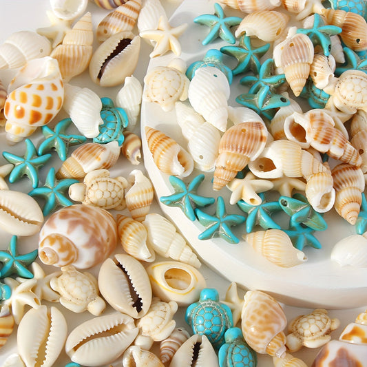 Set of 65 assorted natural seashell charms for DIY jewelry making, featuring sea turtle pendants and conch shells. Ideal for creating necklaces, earrings, anklets, and home aquarium decorations. This handcrafted ocean-themed accessories kit has