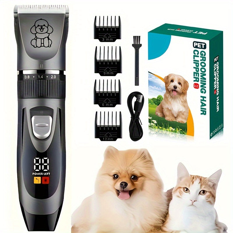 USB rechargeable pet grooming clipper with low-noise, professional clippers suitable for all pet sizes and hair lengths. Uses lithium 18650 battery and works on cats, dogs, and human hair.