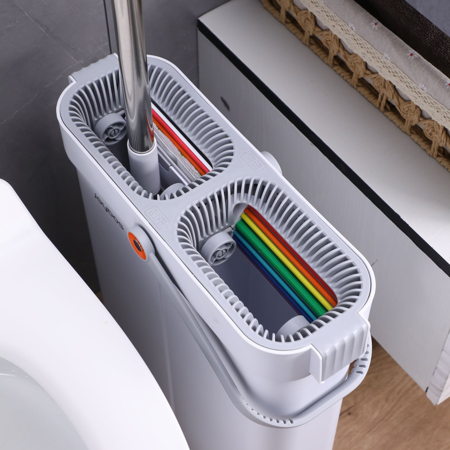 Introducing the Joybos Flat Mop with Bucket - Enjoy the Self-Wringing System, 180° Rotating Head, Stainless Steel Handle, 4X Scraper, and Say Goodbye to Hand Washing - A Versatile Cleaning Mop for Every Room in Your Home!