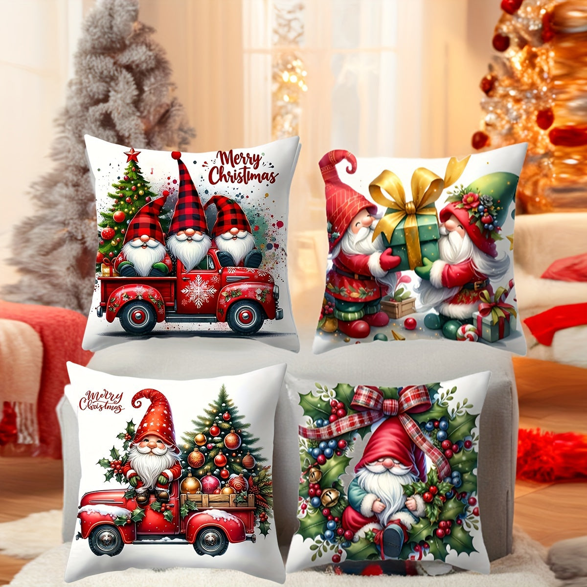 Gnome and Truck Christmas throw pillow cover in contemporary style, zippered polyester case for living room decor.