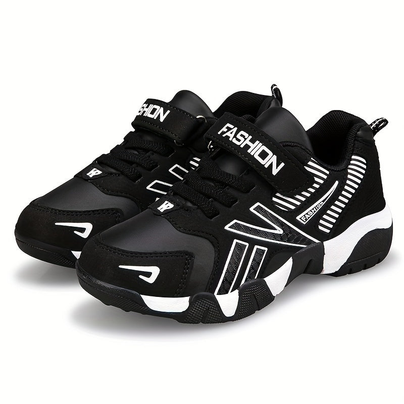 Boys' fashion athletic sneakers with geometric pattern, adjustable closure, PU upper, fabric inner, rubber sole, and round toe. Suitable for age 14 and under.