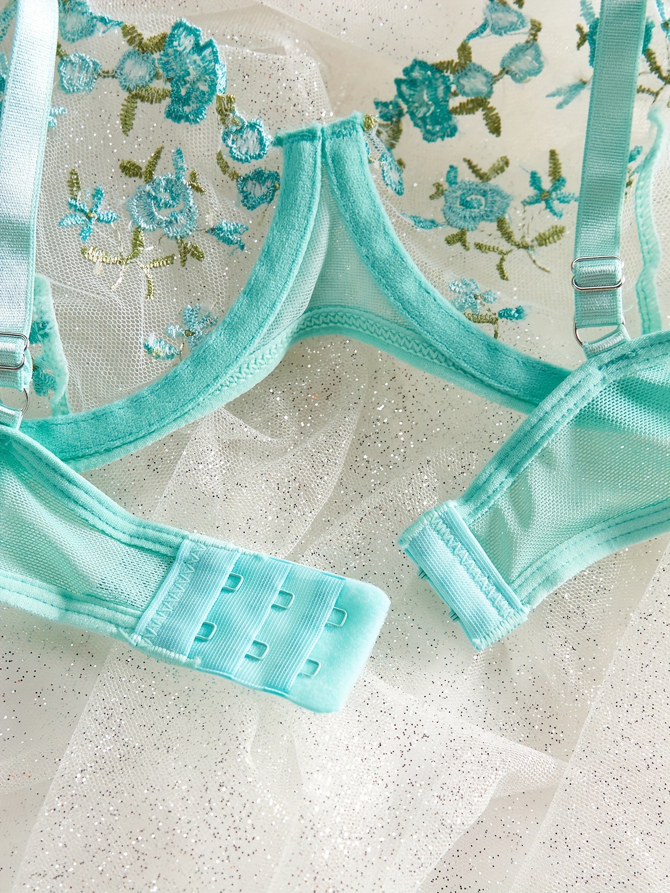 Embroidered two-piece lingerie set with sexy jacquard print, lace detail, and comfortable knit fabric.