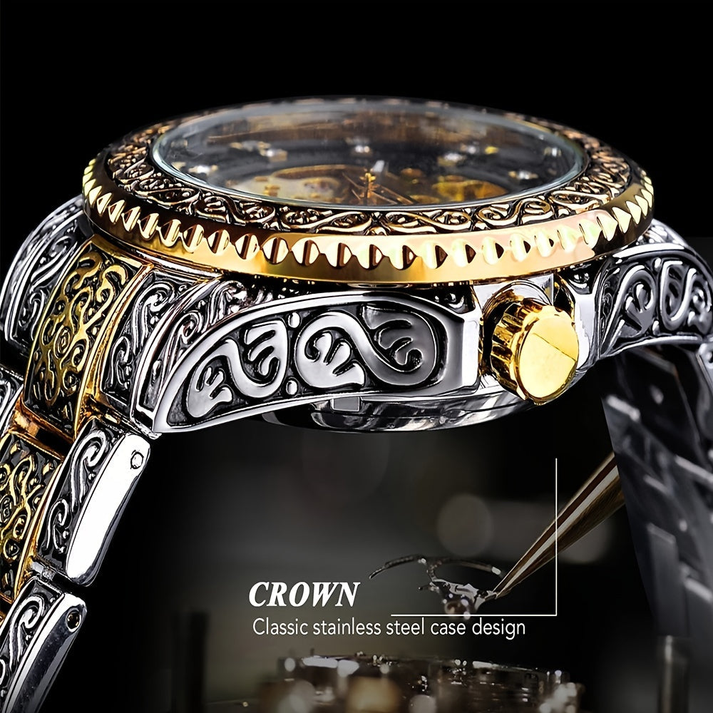 Premium Retro Men's Gold Mechanical Wristwatch Brand Featuring Butterfly Clasp and Hollowed-Out Design