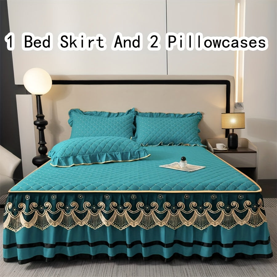 Vintage Style Black Bed Skirt and Pillowcases Set - 3 Piece with Embroidered Lace Trim, Thickened Quilted Bedding, Machine Washable, All-Season Comfort for Home and Hotel Use