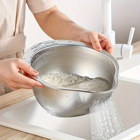 Introducing a durable and multifunctional stainless steel rice washing basket with drainage. This beautiful water filter basin comes in golden and silvery tones, with two inclined basins for efficient filtering and cleaning. A must-have kitchen essential