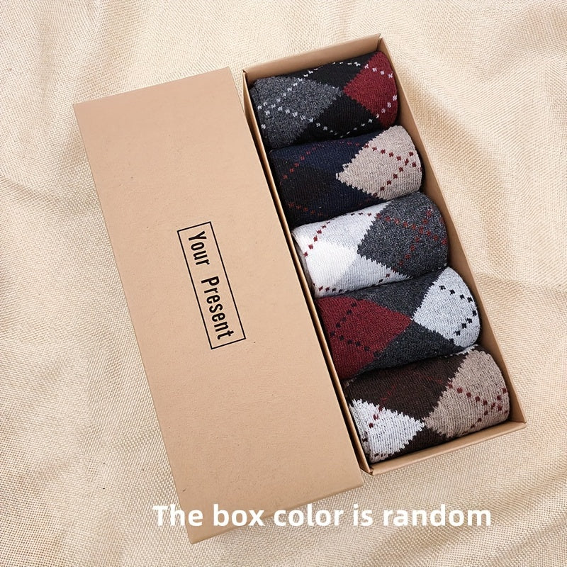 5 pairs of men's warm and comfortable wool socks, boxed for gifting.