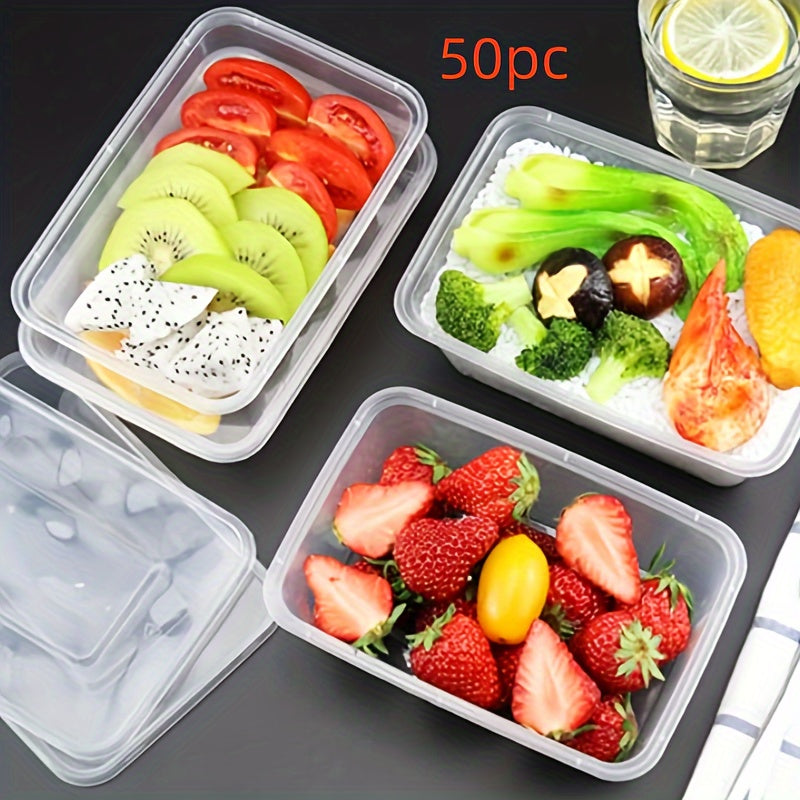 50 sets of American-style transparent lidded disposable plastic packaging boxes, ideal for fast food, takeout, and storing freshness. Can be safely used in the microwave and refrigerator.