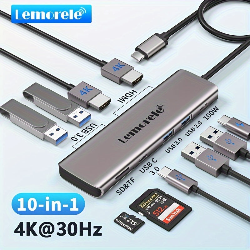 Lemorele 10-in-1 USB-C Hub with 4K HDMI, PD 100W Fast Charge, Dual USB 3.0, SD/TF Card Reader, Compatible with Laptops, 5V Operating Voltage, USB-C Power Mode