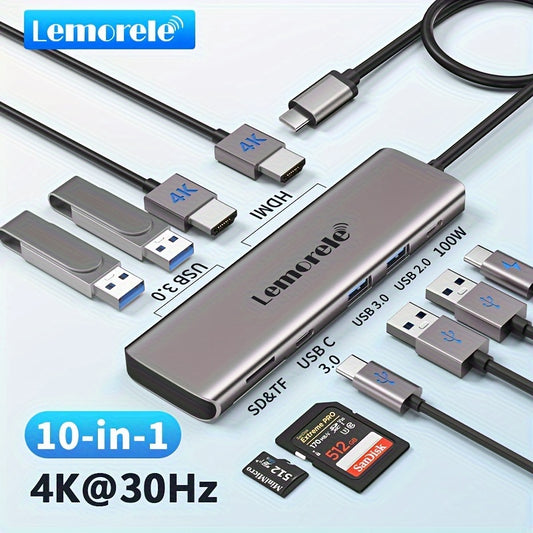 Lemorele 10-в-1 USB-C хаб с 4K HDMI, PD 100W быстрая зарядка, двойной USB 3.0, SD/TF кардридер, совместимый с ноутбуками, рабочее напряжение 5V, режим питания USB-C