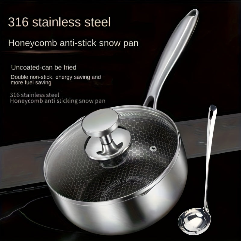 This saucepan is made of durable 316 stainless steel and features a honeycomb non-stick surface, making it perfect for cooking a variety of dishes like baby food, soup, stew, and fried noodles. It also comes with a lid and measuring ladle for added