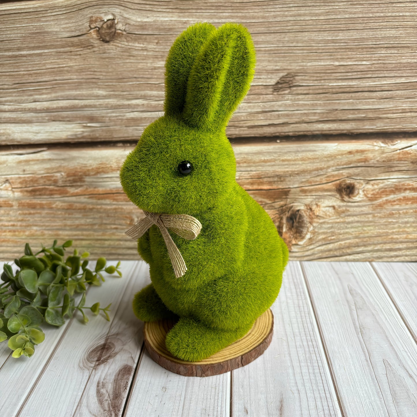 Charming 16.76cm Green Flocked Bunny Statue for Easter and Spring Garden Decor, with Ribbon Accent. Perfect for Holiday Celebrations and Home Yard Display.