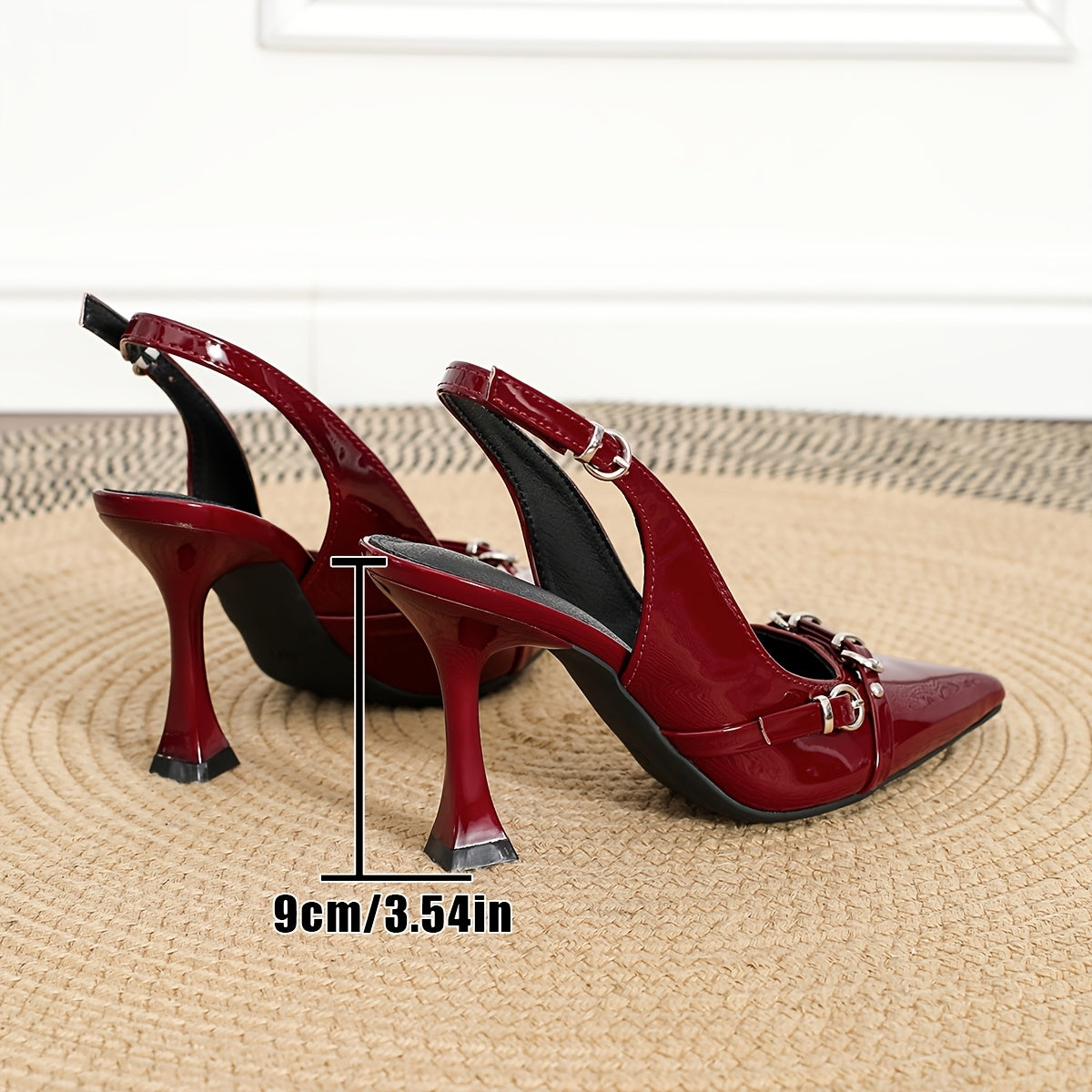 1pc Elegant Red Stiletto Heel: Red Pointed Toe Pumps with Metal Buckle Detail, Perfect for Weddings, Parties, and Work - All-Season High Heels.