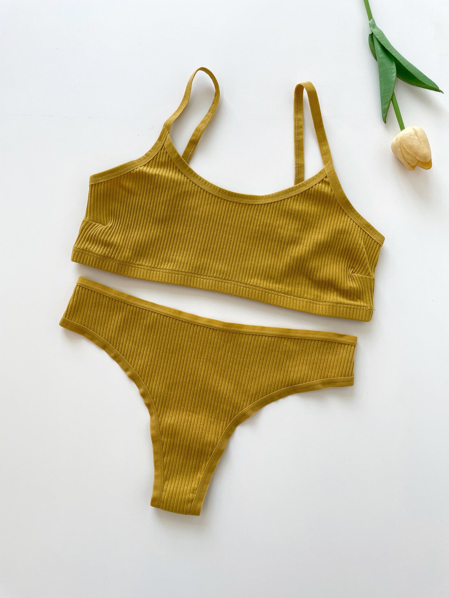 Elegant ribbed bra and thong set in 4 colors. Seamless, high-elasticity, and no-pad. Breathable and sweat absorbent for fitness and lingerie.