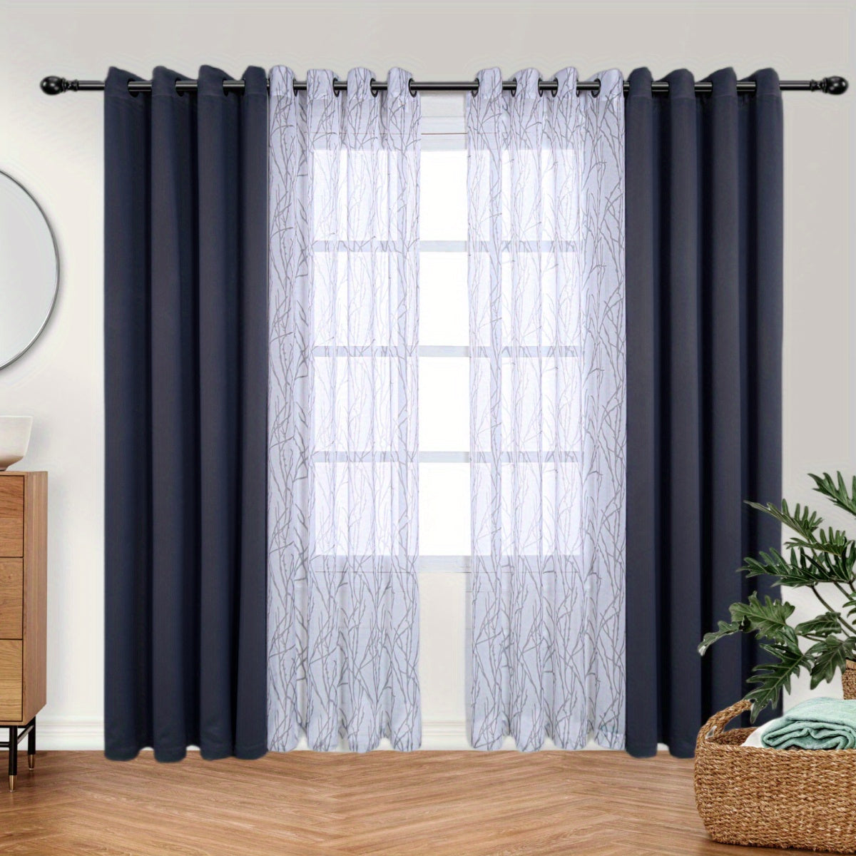 Pair of Curtains for Bedroom or Living Room - Includes 1 Sheer Branch Print Curtain and 1 Blackout Curtain, Grommet Style, 54x84 Inch Each, Dark Gray, Set of 2 Panels