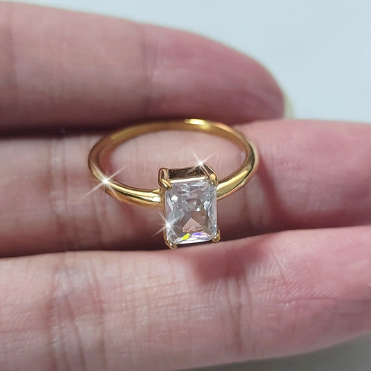 Elegant 18K Gold Plated Titanium Steel Ring featuring a Solitaire Square Cut Zirconia, perfect for everyday wear