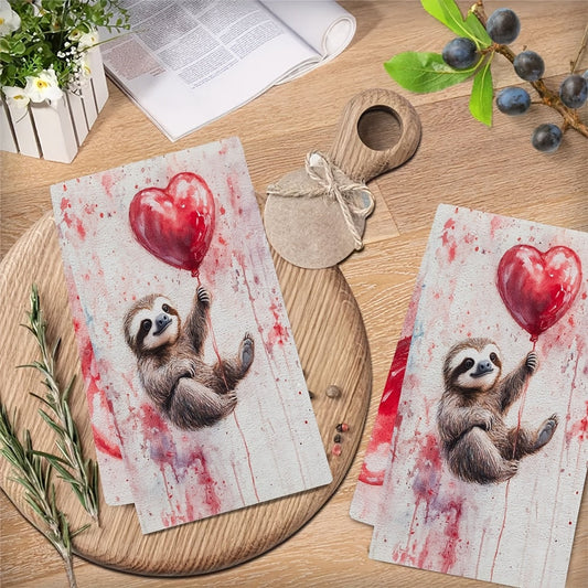 This set includes 2 ultra-soft kitchen towels with a Valentine's Day sloth holding a balloon heart, ideal for holiday decor. The dish and hand towels are highly absorbent, machine washable, and measure 40.64x60.96 cm.