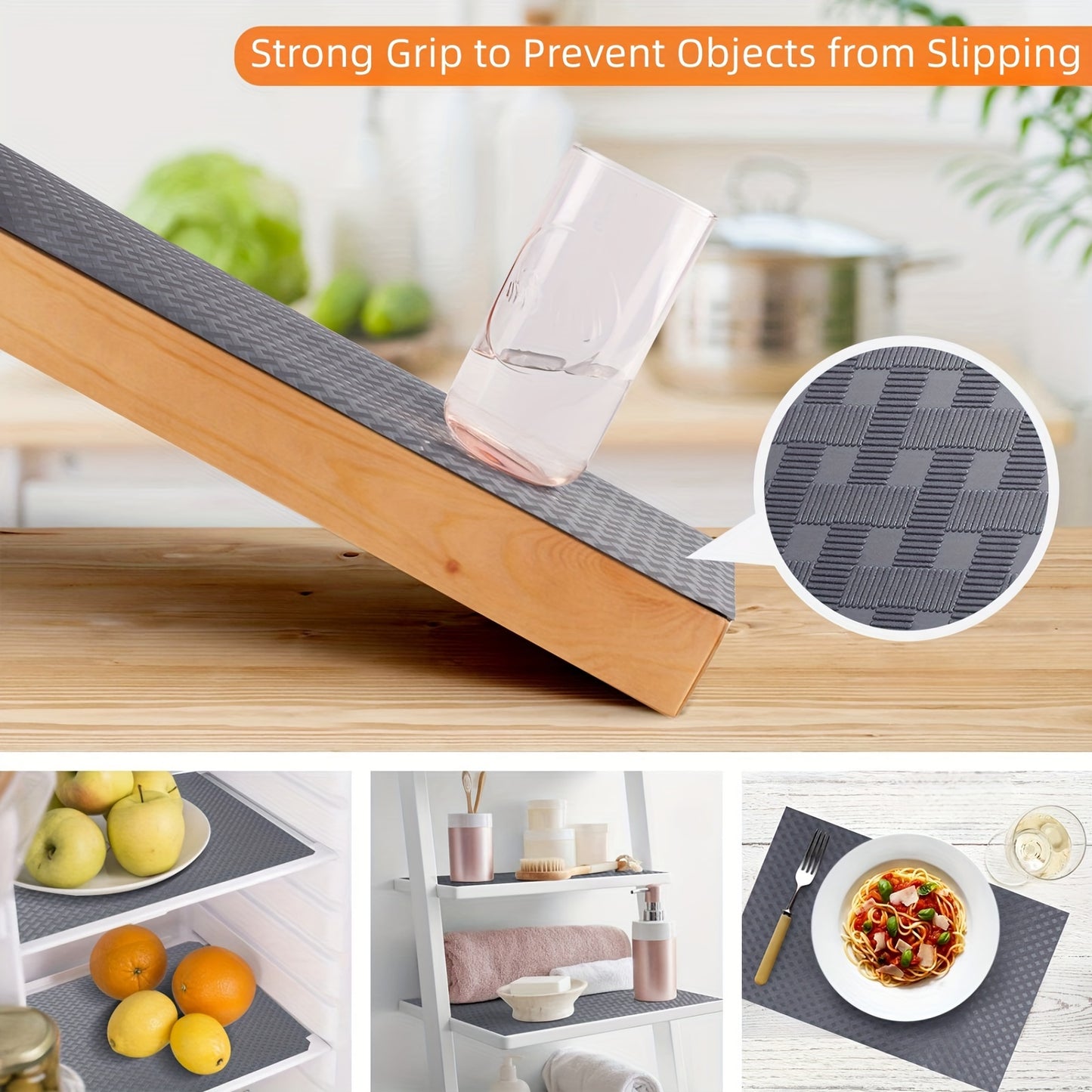 Non-slip, washable liner for cabinets, shelves, refrigerator, locker, desk, drawers. Made of EVA material for a non-sticky surface. Perfect for kitchen cabinets and household furniture.