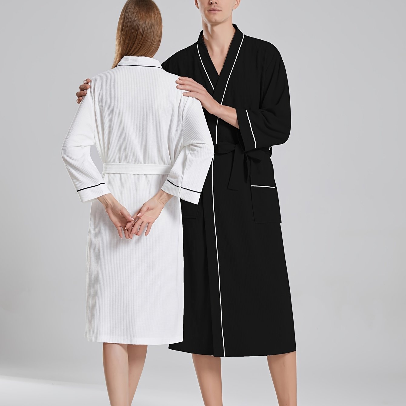 Unisex Japanese-style bathrobe with waffle weave, pockets, and belt for all-season comfort.