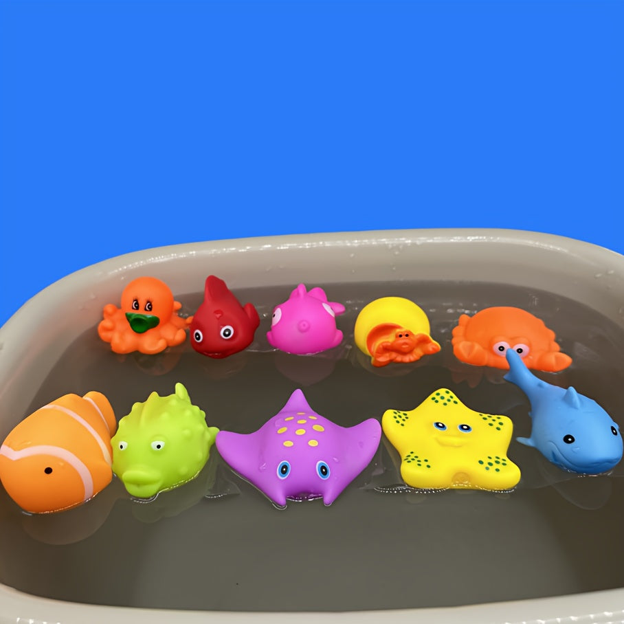 Bath Time Fun Set with 12 Colorful Rubber Animal Toys for Kids - Ideal for Water Play, Interactive Fun, Wonderful Gifts for Christmas and Teacher's Day.