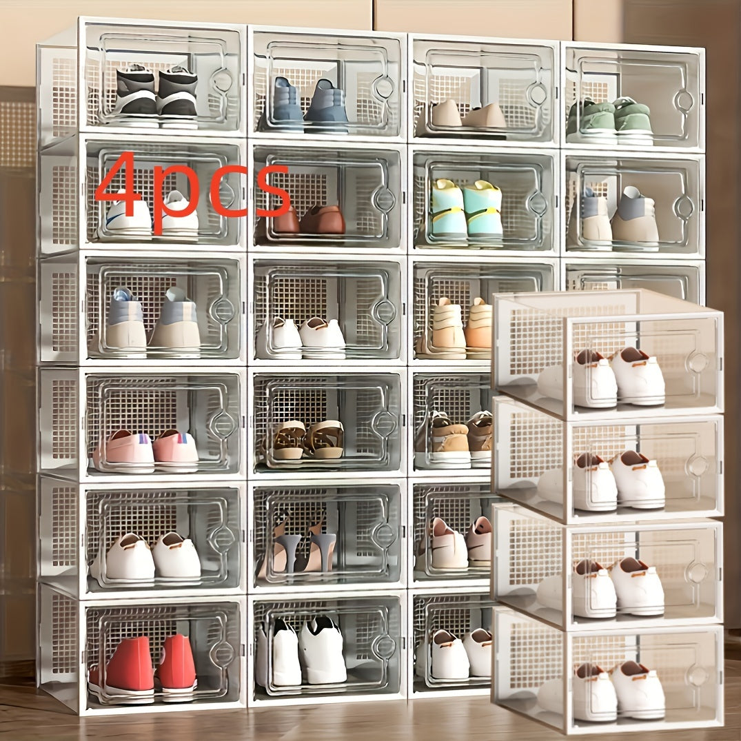 A range of multifunctional household furniture is available in sets of 4, 12, or 18 pieces. These stackable shoe rack storage boxes are waterproof and dustproof, making them perfect for sports shoes. The rectangular plastic shoe cabinets have snap