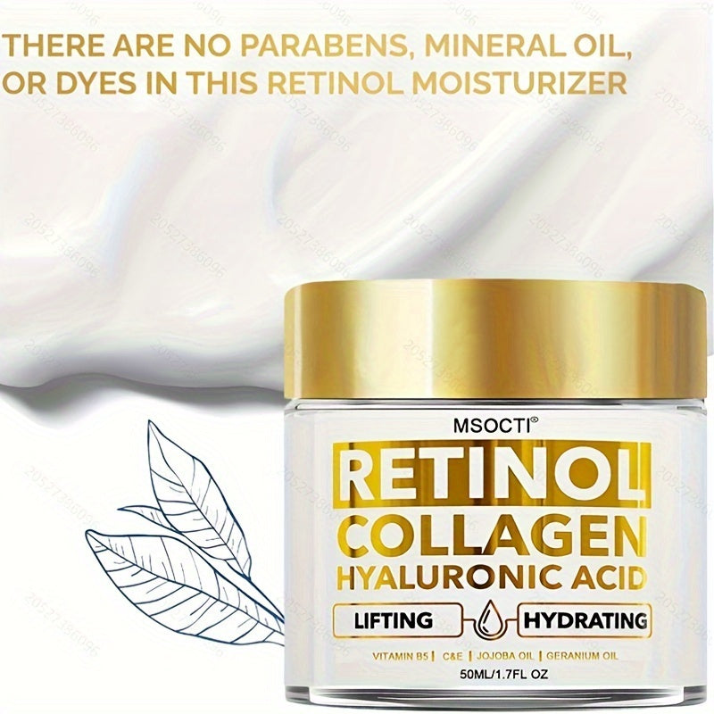 A hydrating cream for all skin types containing Retinol, Collagen, Shea Butter, Vitamin C, Aloe Vera, and Hyaluronic Acid.