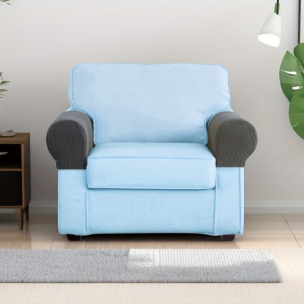 2 Stretch Armrest Covers made of durable spandex blend with plush texture. Scratch & dust resistant, and machine washable. Fits single to four-seater sofas & recliners in various colors.