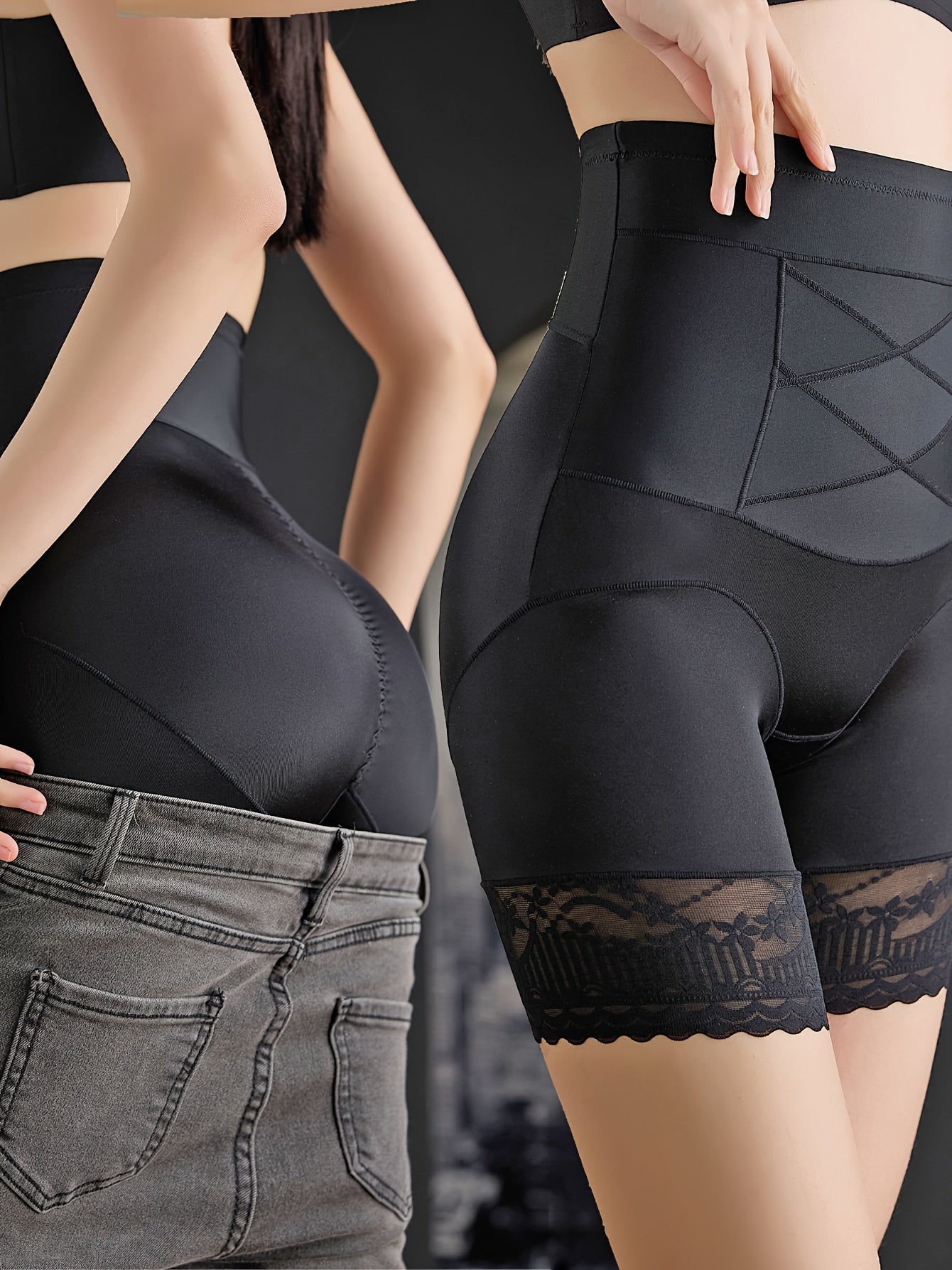 Chic tummy control thigh slimmer with lace detail, made of polyamide fabric.