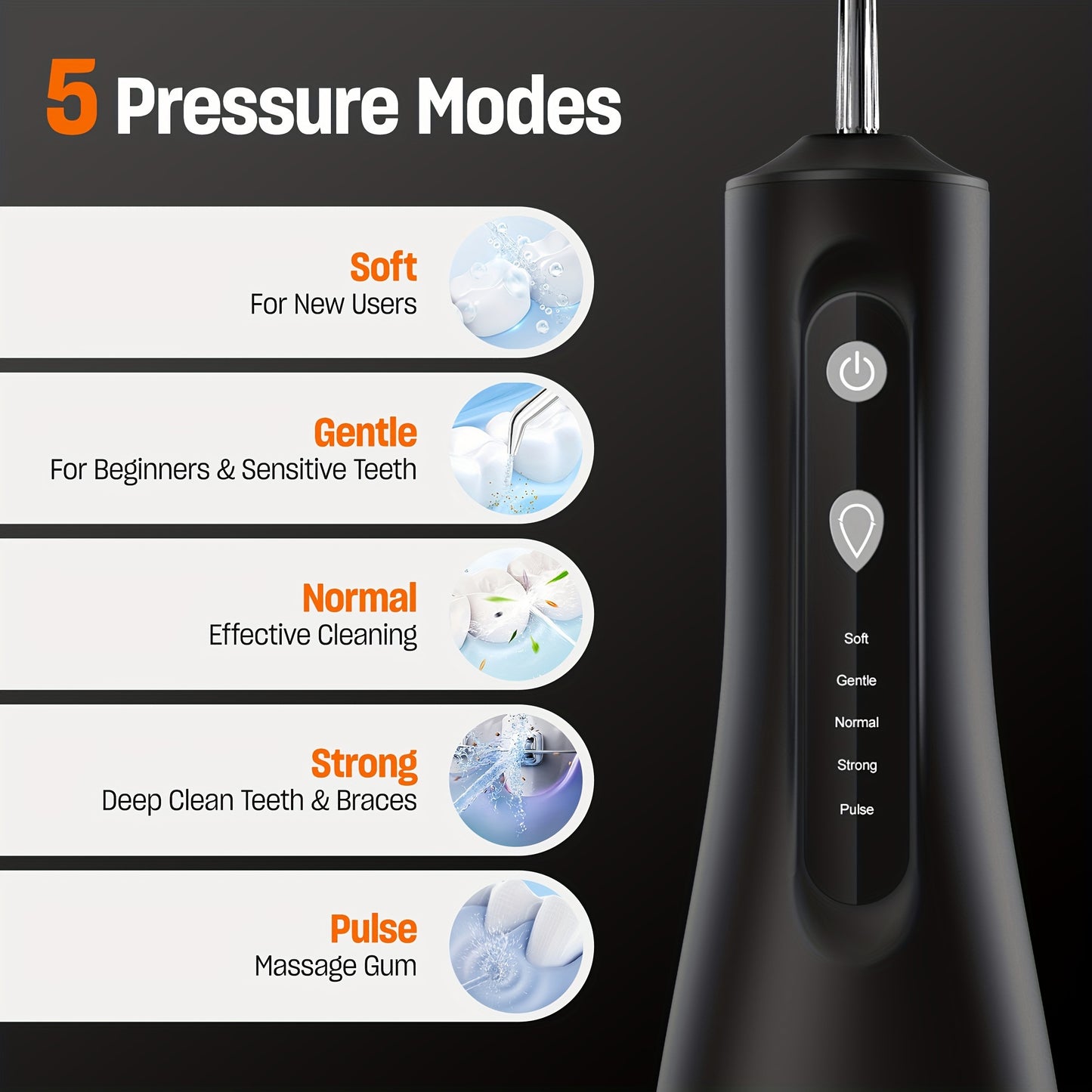 Cordless water dental flosser for teeth cleaning, with 5 modes and 5 tips. Suitable for home and travel.