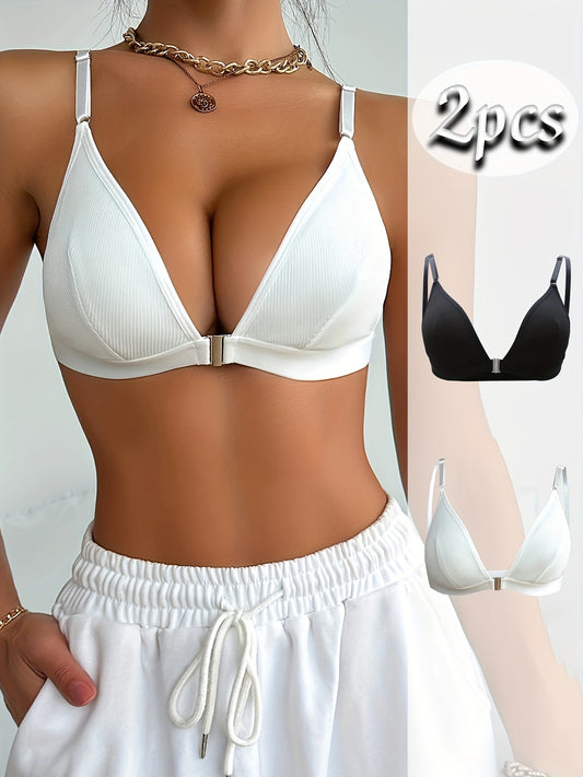 2-Pack Elegant Polyester Push Up Bras for Women - High Support, Solid Color, Knit Fabric, Wireless, No Padding in Black and White