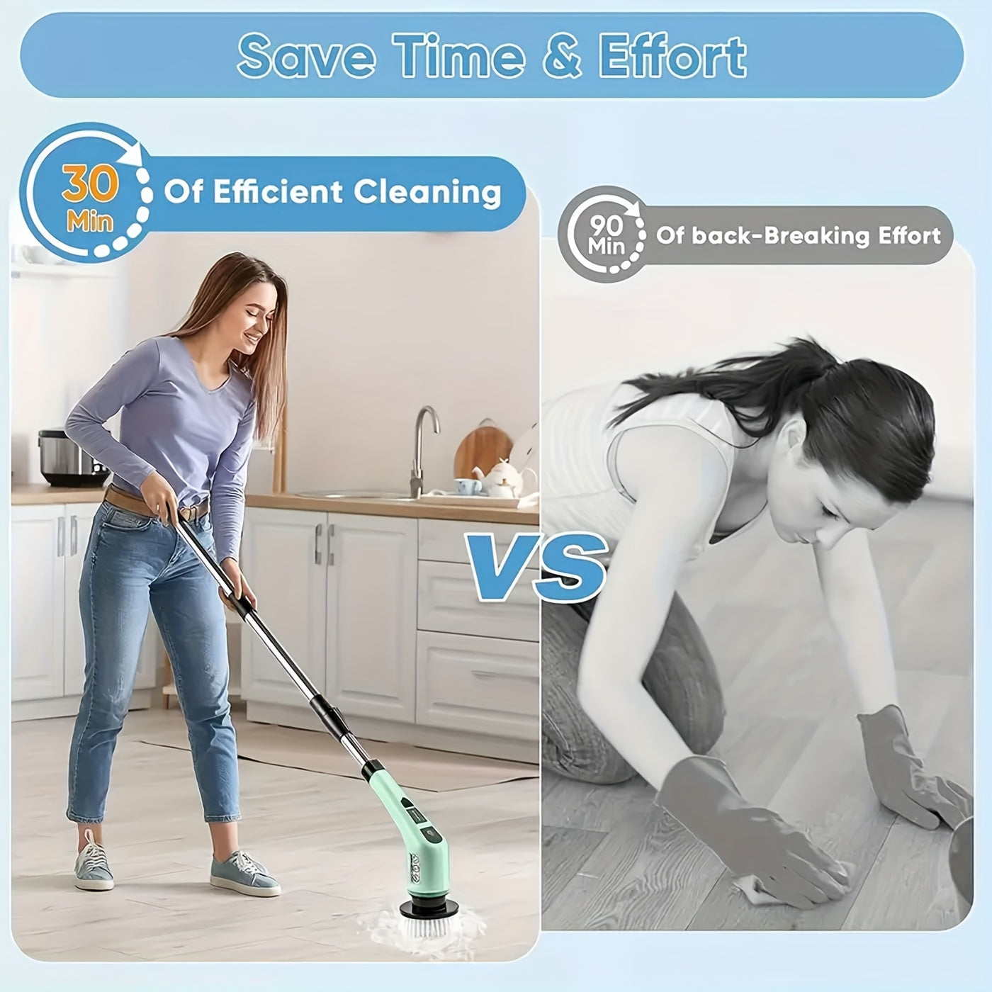 The Cordless Electric Rotating Cleaning Brush includes a battery indicator, seven interchangeable brush heads, dual speed settings, and a detachable telescopic handle, ideal for use in kitchens, living rooms, and bathrooms.