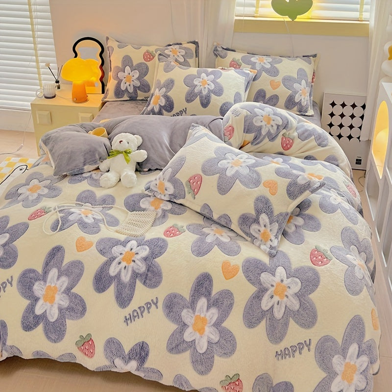 Velvet Duvet Cover Set with Flower Print, Includes 1 Duvet Cover and 2 Pillowcases - Soft and Warm Bedding Set for Autumn and Winter, Perfect for Bedroom or Guest Room