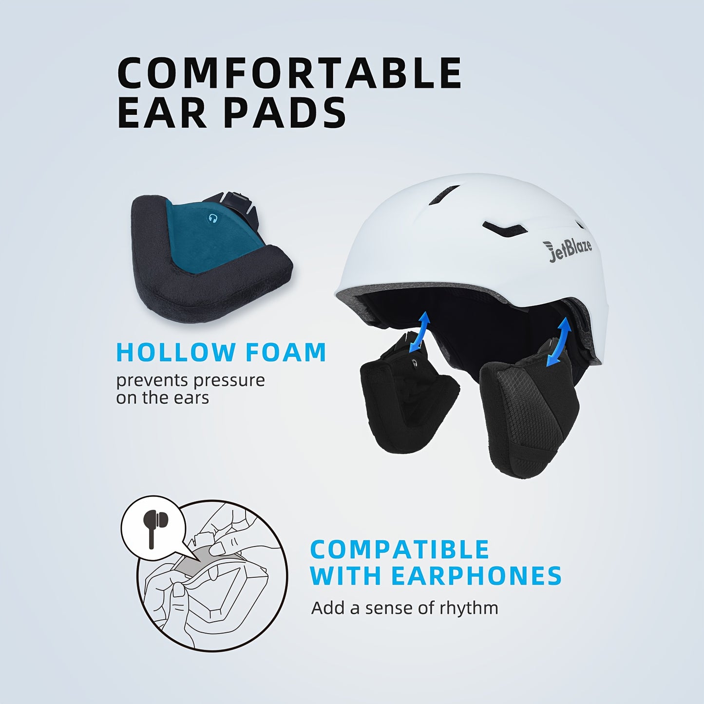 JetBlaze ski helmet with adjustable fit, shock-absorbing shell, and removable ear pads.