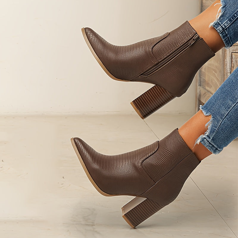 Women's Casual Solid Color Boots with Side Zipper, Soft Sole, Chunky Heel, Point Toe, and Slim Winter Style.