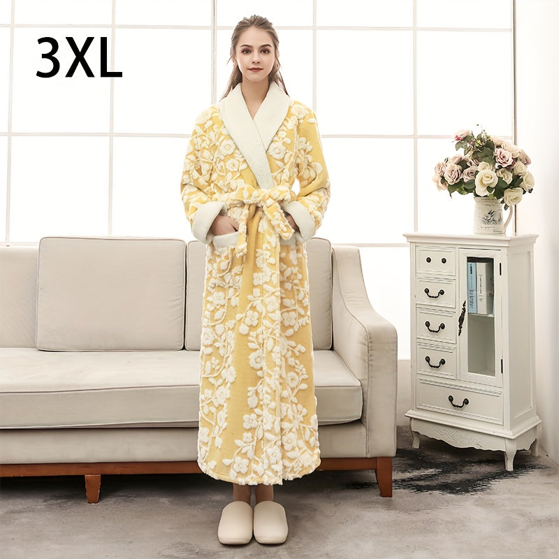 1pc Unisex Thickened Long Bathrobe with Flower Pattern, Ideal for Couples. Ideal for Home and Bathroom use.