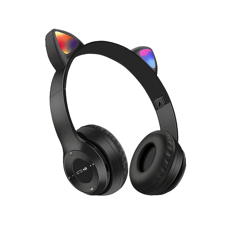 Anime cat ear wireless headphones with LED lights, microphone, rechargeable battery, 3.5mm jack, push button volume control. Compatible with cellphones, non-waterproof. Ideal for cycling