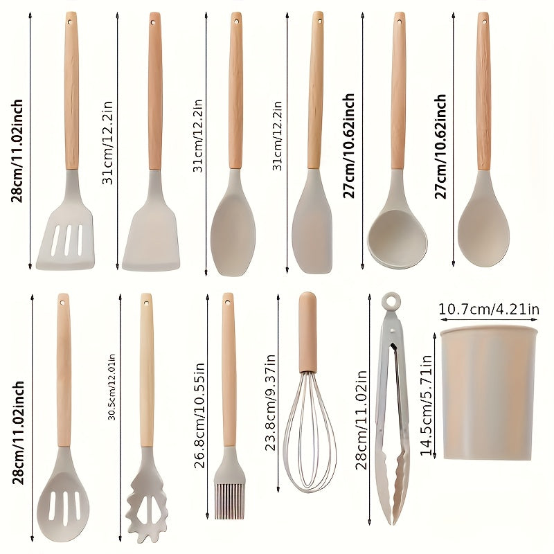 Set of 12 pieces of silicone tableware, including kitchen utensils and cookware for safety. This set features wooden handles on the non-stick cookware for easy use and cleaning. Modern and washable kitchen supplies, including small tools and essentials.