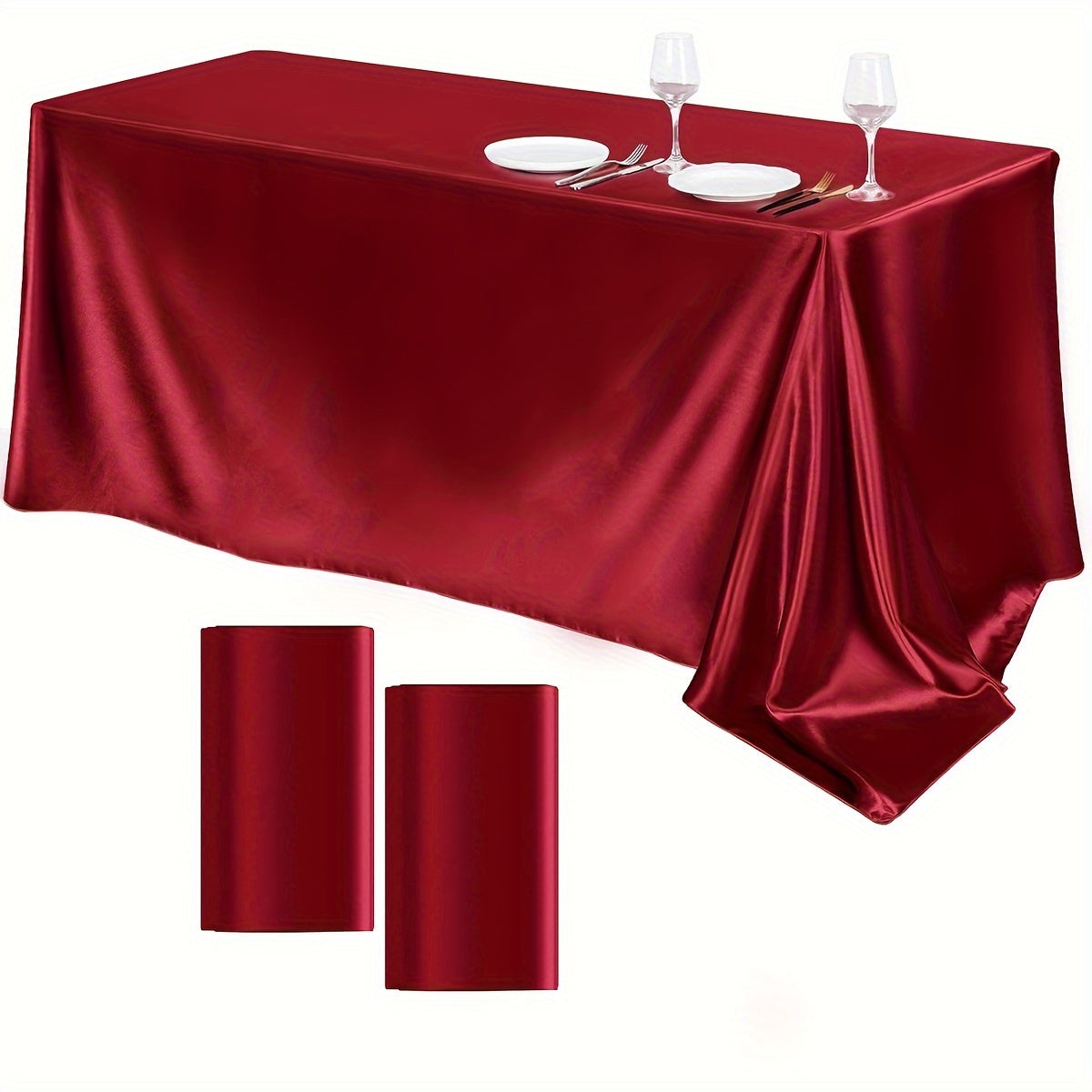 Luxurious satin tablecloths in a 2-pack. Ideal for Christmas, parties, banquets, and weddings. Solid color, 259.08x147.32 cm rectangular polyester table covers. Machine woven.