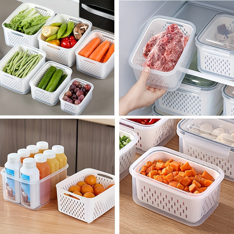 9-piece BPA-free plastic food storage set with drain baskets and lids for fruits, vegetables, and food. Leak-proof, freezer-safe, and reusable.