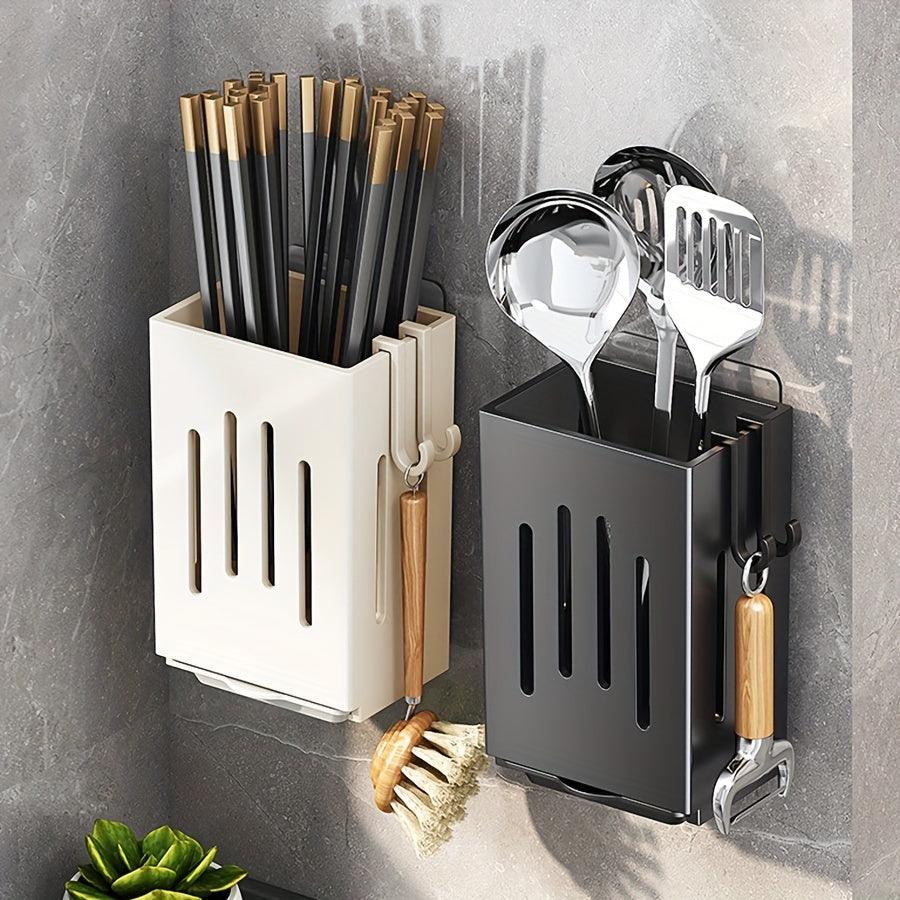 Organize your kitchen with this convenient wall-mounted storage rack! Made of durable plastic, this utensil holder features a chopstick cage with a drain tray, perfect for storing cutlery, knives, forks, spoons, sponge brushes, and more. No electricity