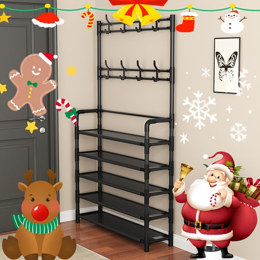 Elegant metal hall tree with coat and shoe rack, hooks, and multi-purpose organizer in black/white.