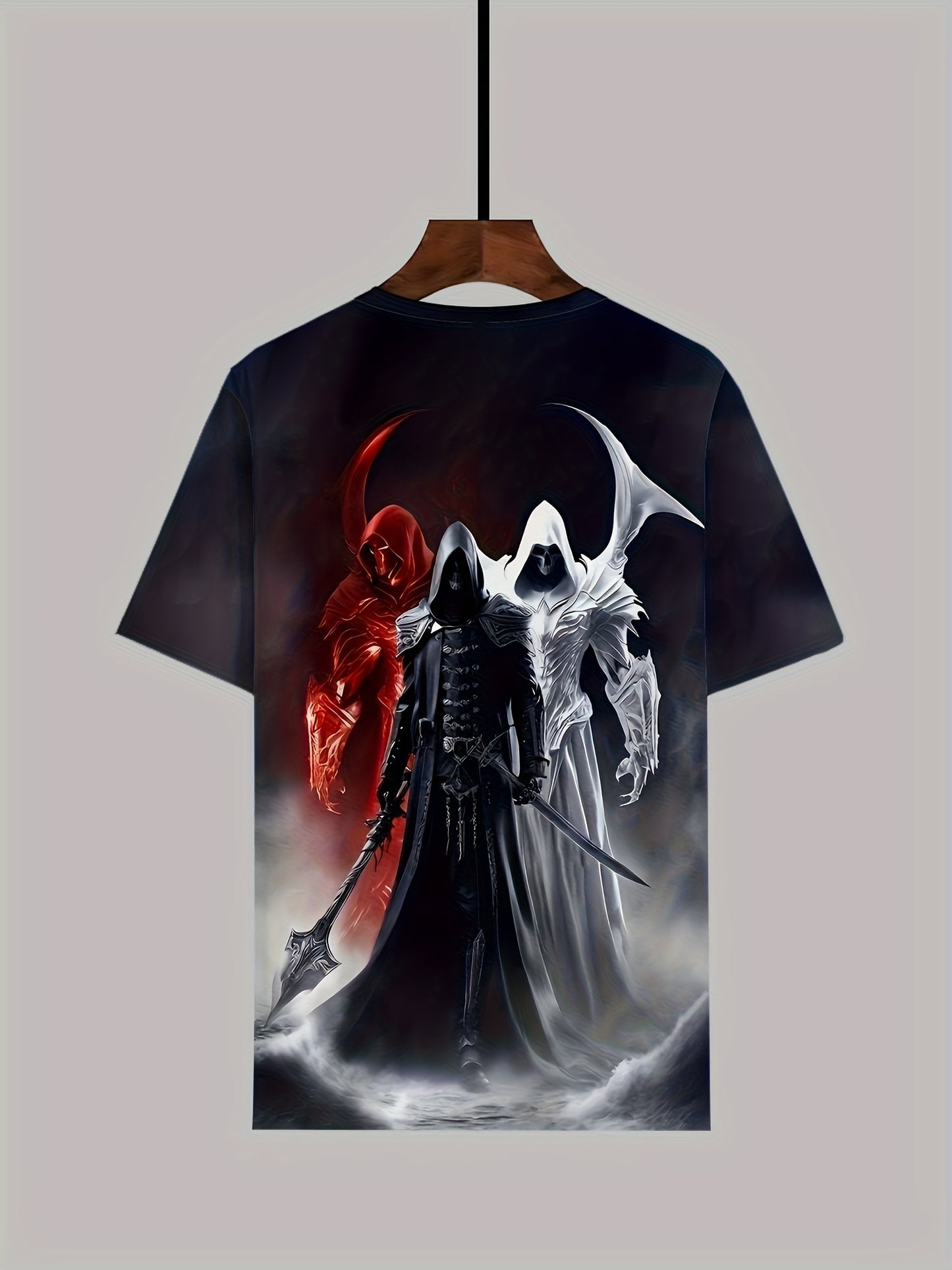 Grim Reaper graphic t-shirt for plus size men, made of comfortable, breathable polyester. Features full print design and round neckline, suitable for casual sports. Unisex adult top.