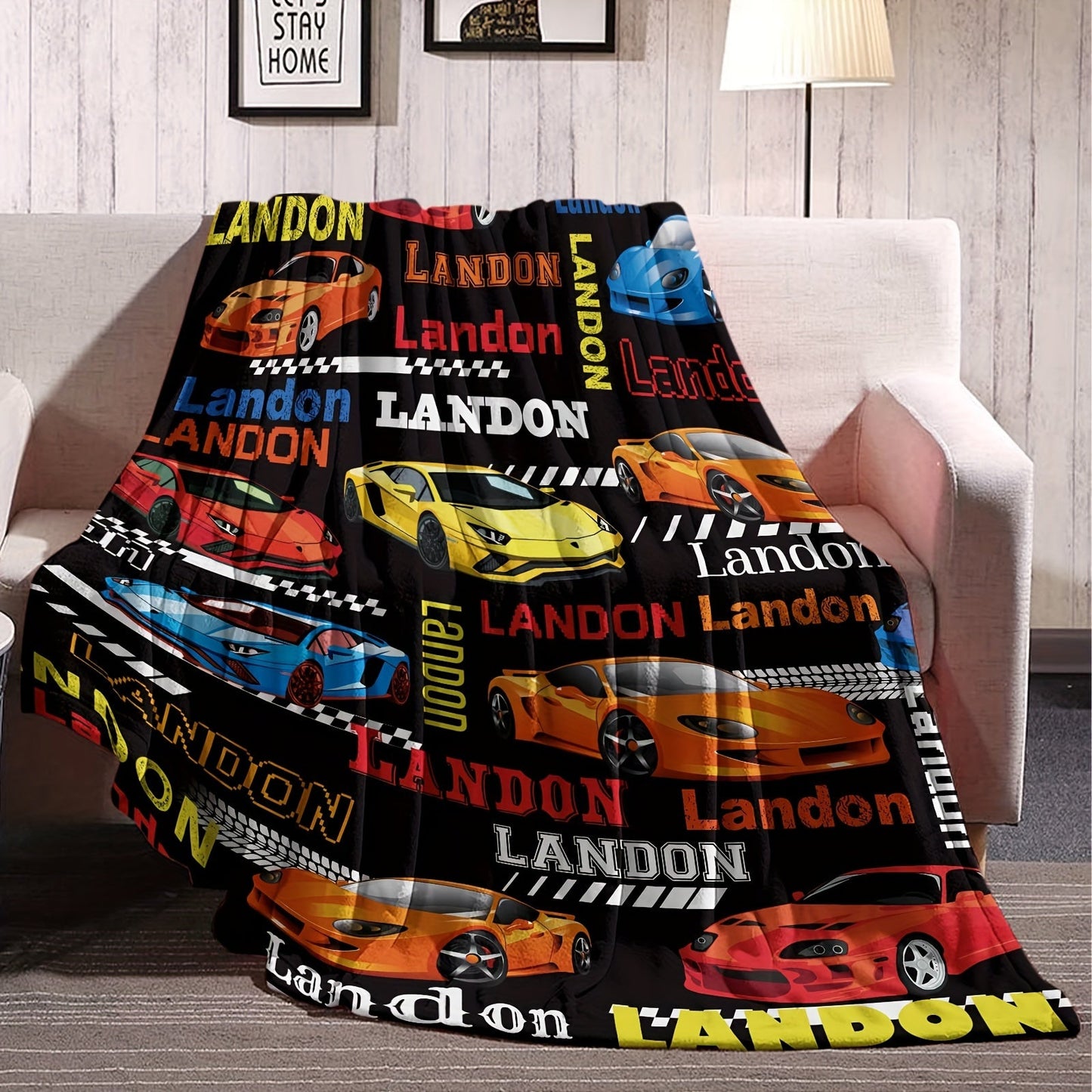 Flannel Throw Blanket Featuring Custom Name "Landon" - Modern Design, Digital Printed All-Season Blanket, Easy to Clean in Washing Machine, Versatile for Couch, Bed, Travel, and Office Use - Made of Soft and Cozy 100% Polyester Material, Size 149.86 x