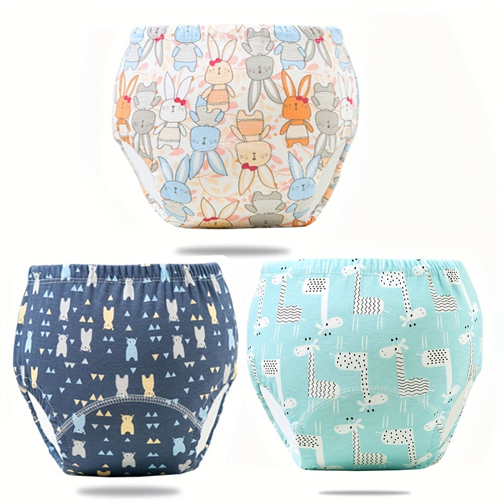 Three pieces of patterned potty training pants made of six-layer breathable cotton gauze for all seasons. These baby cloth diapers can also be used as children's diaper pants and are washable.