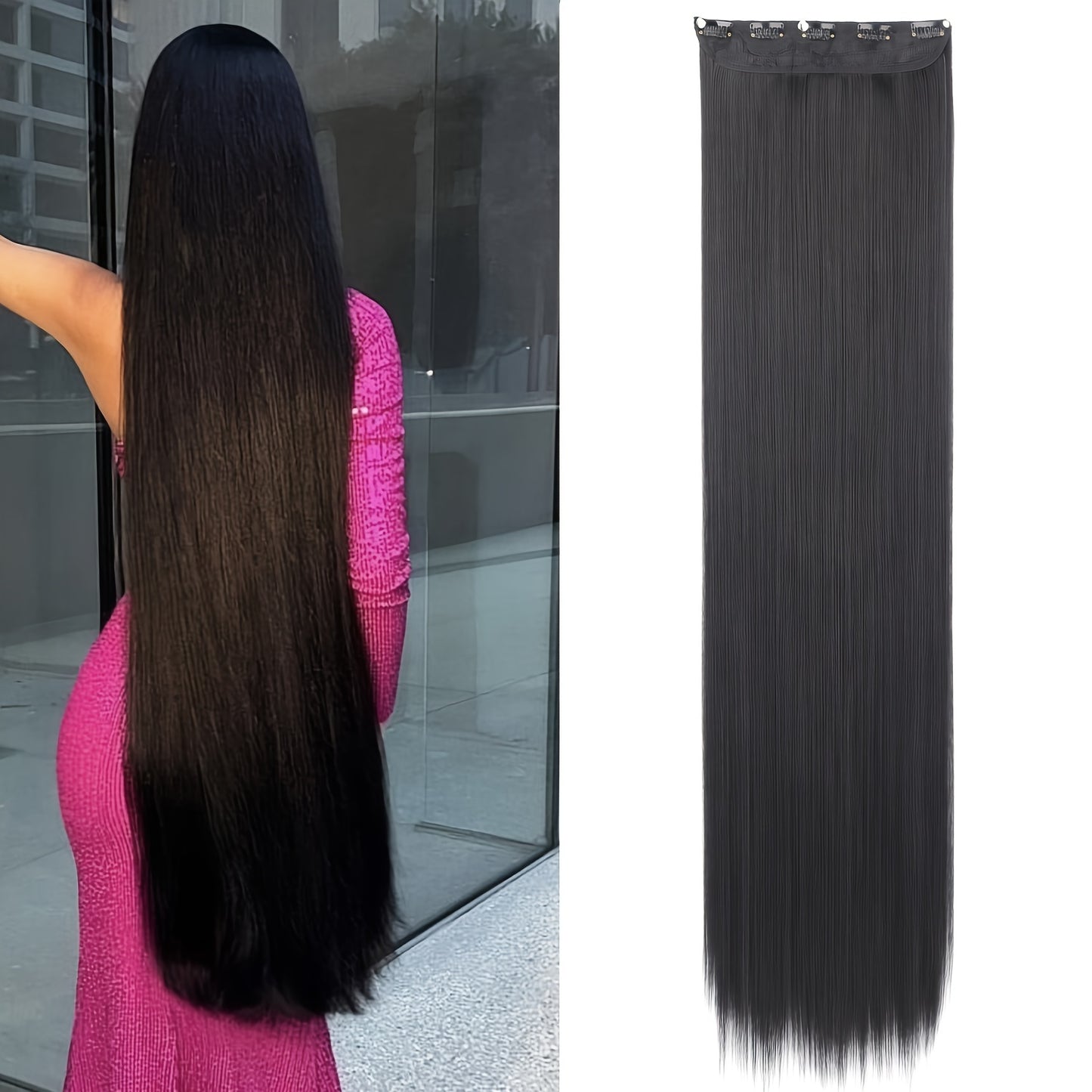 Elegant natural looking synthetic clip-in hair extensions for daily use, 32 inch long straight pieces with 5 clips.