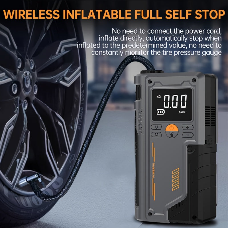 Inflatable emergency appliance with digital display, car battery booster, USB charging, for emergency car starts and tire inflation. Suitable for vehicles, bicycles, motorcycles, balls