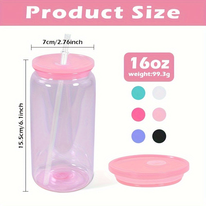 6 pieces of 16oz clear plastic cups with lids and straws in vibrant colors (pink, purple, light blue, black, white). BPA-free and suitable for vinyl stickers, UV DTF DIY, and party drinks. Durable and reusable drinkware.